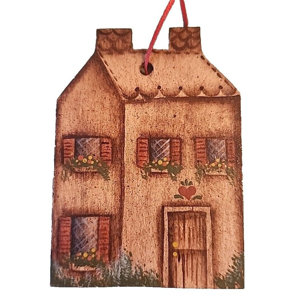 Vintage Folk Art House Hand Painted Ornament 1983 Artist Signed Home Wooden